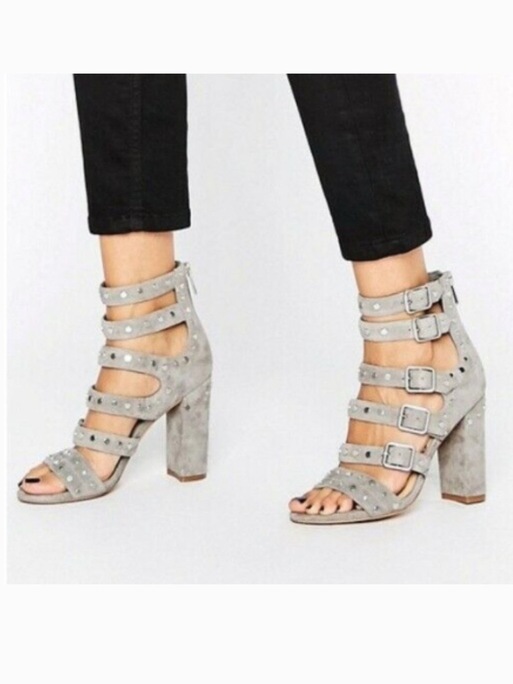 Sam Edelman Gray Studded Multi-Strap Block Heel Sandals 10M